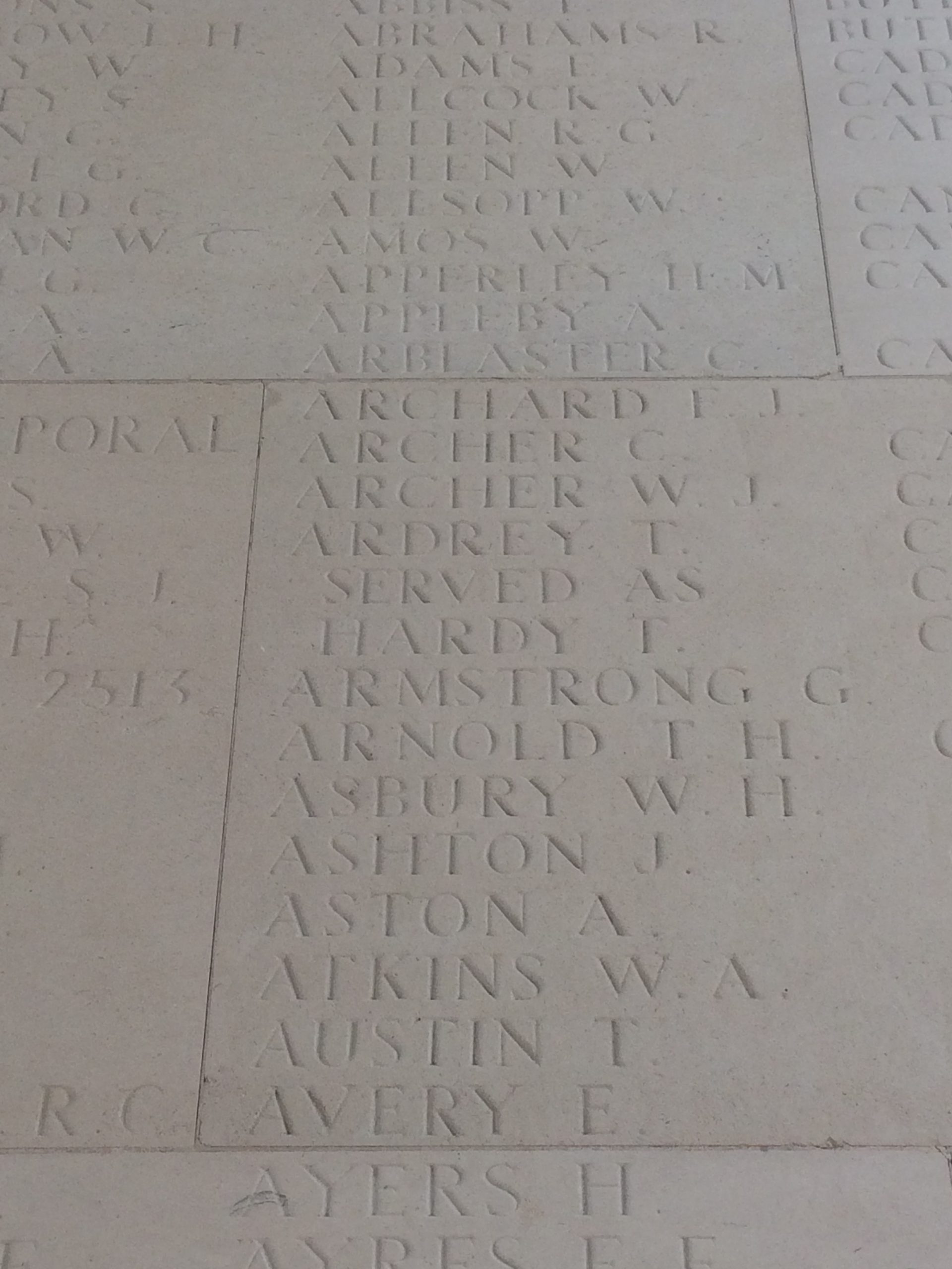 Charles Archer's name on the Thiepval Memorial
