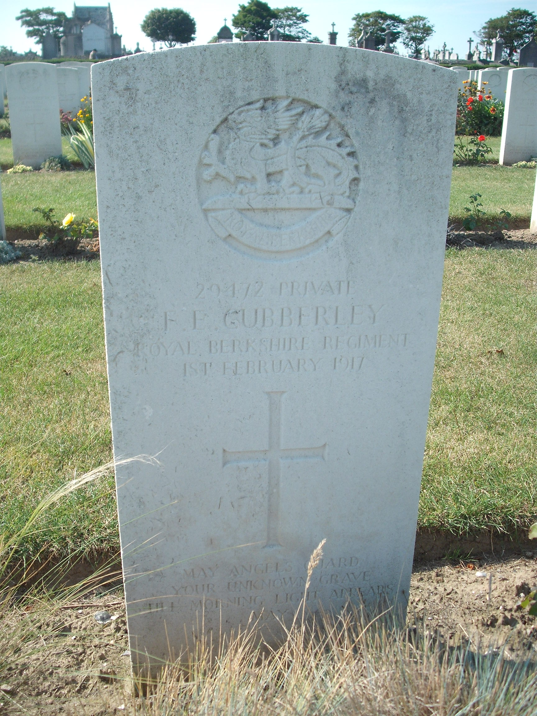 Frank Cubberley's grave at Calais Southern War Cemetery in 2012.