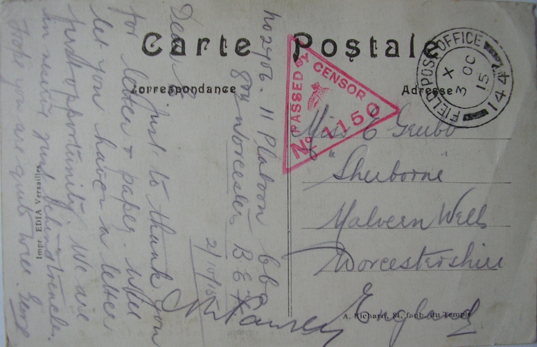 Postcard sent by George Grubb from France in October 1915