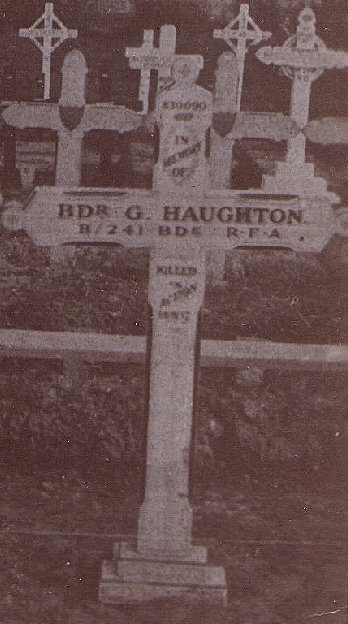 The original grave marker of George Haughton at Vlamertinge New Military Cemetery.